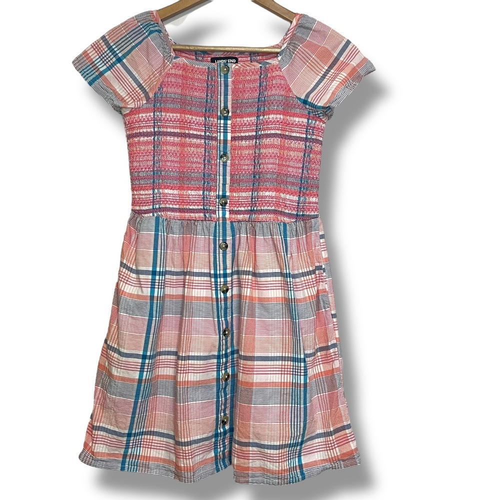 Land's End Girls Plaid Pink Smocked Dress Size 14‎ Short Sleeve Preppy Summer